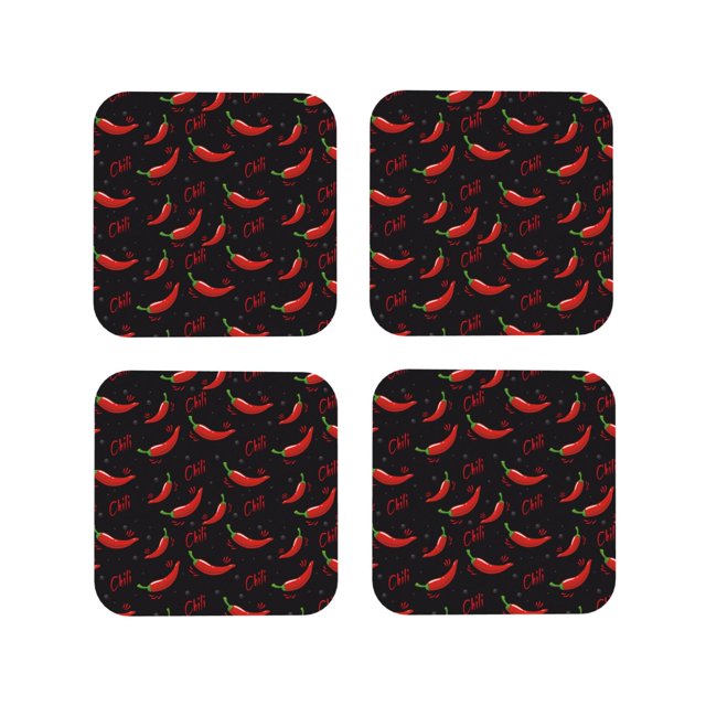 Vsdgher Dessous de Verre en Cuir Rouge Imprimé Piment pour Boissons, Ensemble de 4 Dessous de Verre Durables pour Protection de Table, Décoration Intérieure Luxueuse et Cadeau de Pendaison de Crémaillère-Carré