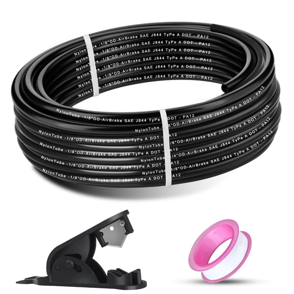 1/8" OD 50FT DOT Air Line Tubing Kit Black SAE J844 PA12 Nylon Air Brake Hose with Cutter and Teflon Tape for Trailer Trucks RV Braking Systems or Fluid Transfer