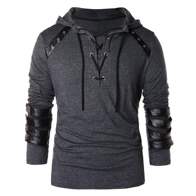 HUITKMM Oversized Hoodie Men Men Winter Drawstring Leather Patchwork Long Sleeve Hooded Tops Blouses