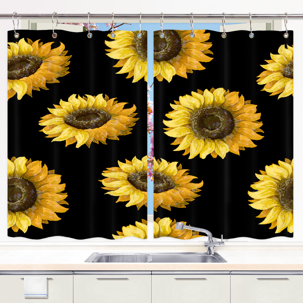 Black Sunflower Kitchen Curtain, Window Treatment Grommet Curtains 55 ×