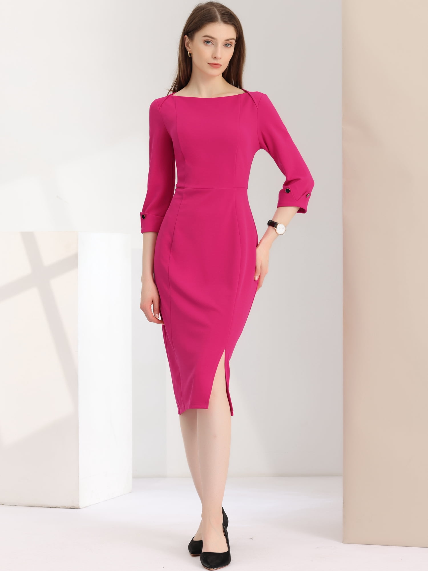 DARING DIVA Elegant Boat Neck 3/4 Sleeves Midi Split Sheath Dress M Fushcia