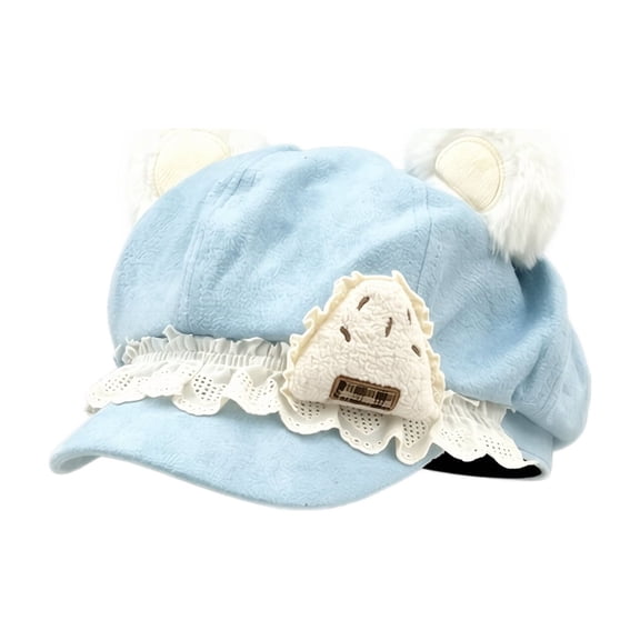 Y2K Cutecore Kawaii Cat Ears Beret Hat Adult Strawberry Cake Suede Hat Cute Plush Octagonal,Sweet Lolita Style, Cap Lace Bow Ornament, Pink Newsboy Cap, 2000S Clothes Accessories-Blue
