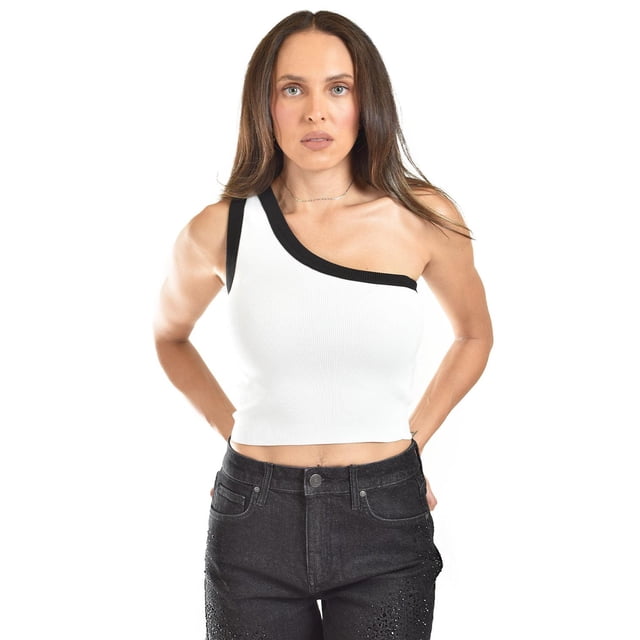 Top asimetrico de un hombro Juvenil, 0196 (Negro) blanco G