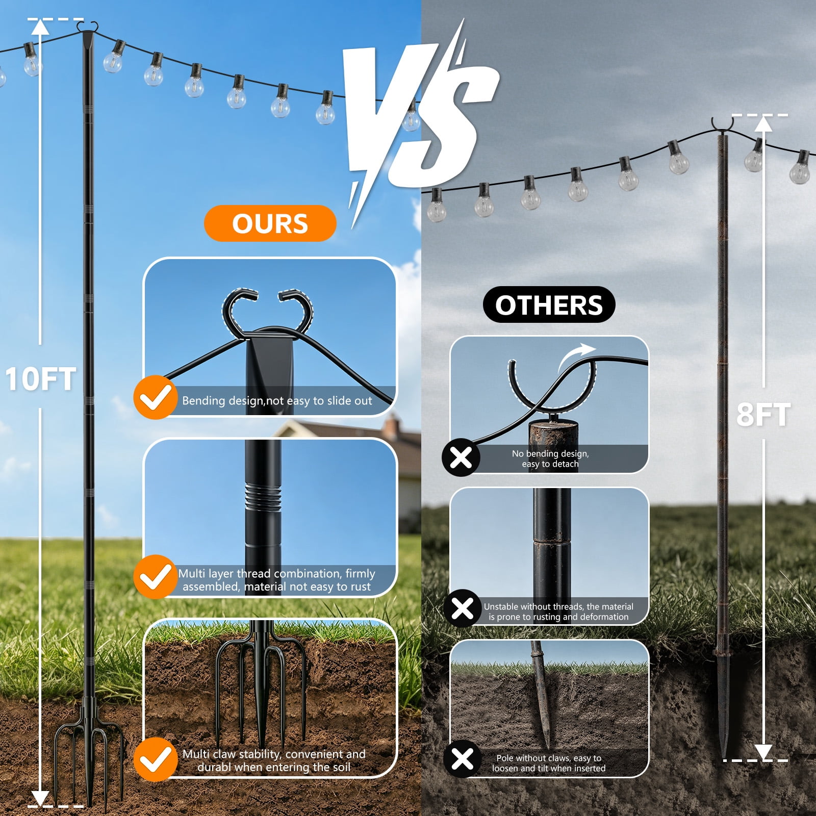 JYTOBN 10Ft String Light Poles 8 pack,Poles for Hanging Outdoor String Lights with Fork and Fence Clamp,Freestanding or Mounted on Fence/Deck/Patio