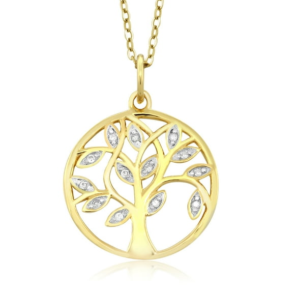 Gem Stone King Tree Of Life Round Diamond Accent Pendant Necklace for Women | 18K Yellow Gold Plated 925 Sterling Silver | With 18 inch Chain