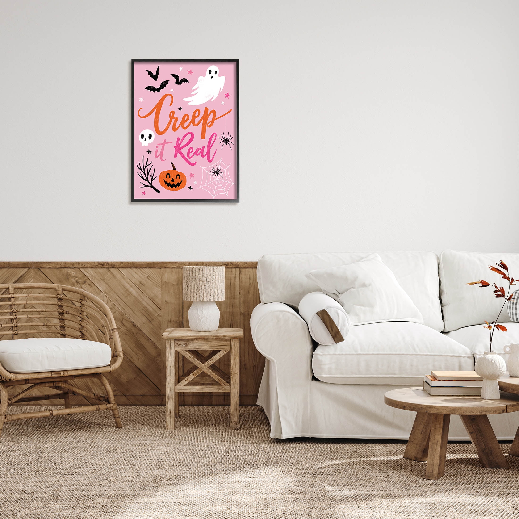 Creep It Real Pink Halloween Phrase Holiday Graphic Art Black Framed Art Print Wall Art