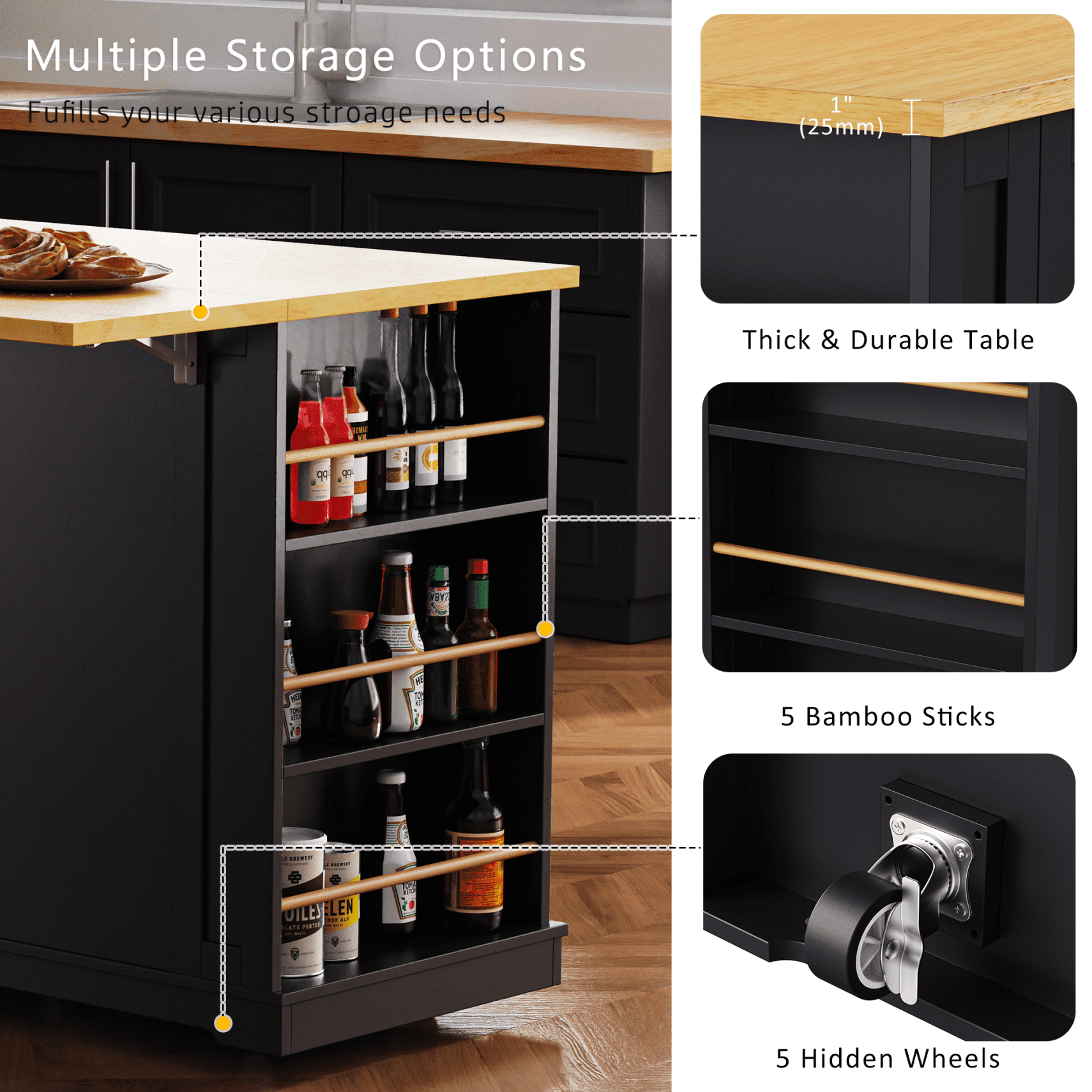 53" Kitchen Island On Wheels, Rolling Kitchen Island Cart with Drop Leaf & Power Outlet, Barn Door Kitchen Island Table with Storage Cabinet and Tower Rack for Kitchen, Dining Room, Black