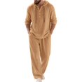 thumbnail image 3 of Men's Linen Blend 2 Piece Outfit Hooded Henley Shirt Drawstring Wide Leg Pants Set Earth Yellow S, 3 of 10