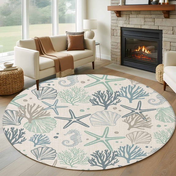 Aqua Teal Coastal Round Rug 5ft Washable Circle Kitchen Rugs Non Slip Summer Beach Starfish Coral Nautical Rustic Large Area Rug Indoor Floor Carpet for Bedroom Living Room Home Office Dining Room