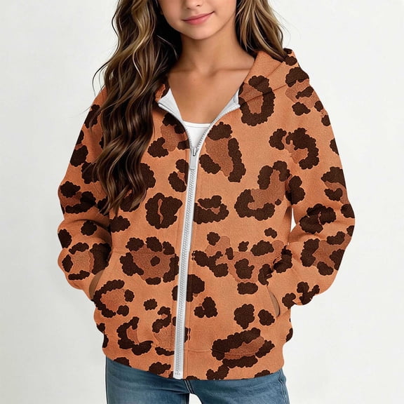 Xdegoge Tween Girls Zip Up Hoodies Leopard Print Jacket Long Sleeve Hooded Sweatshirts Outerwear Coat Casual Fall Winter School Outfits, Size 11-12