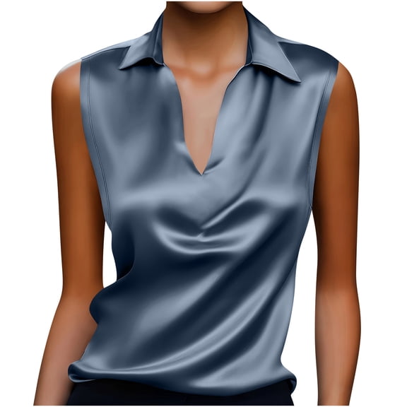 RQYYD Women's Silk Satin Tank Top Lapel V Neck Sleeveless Blouse Summer Basic Casual Office Work Shirt