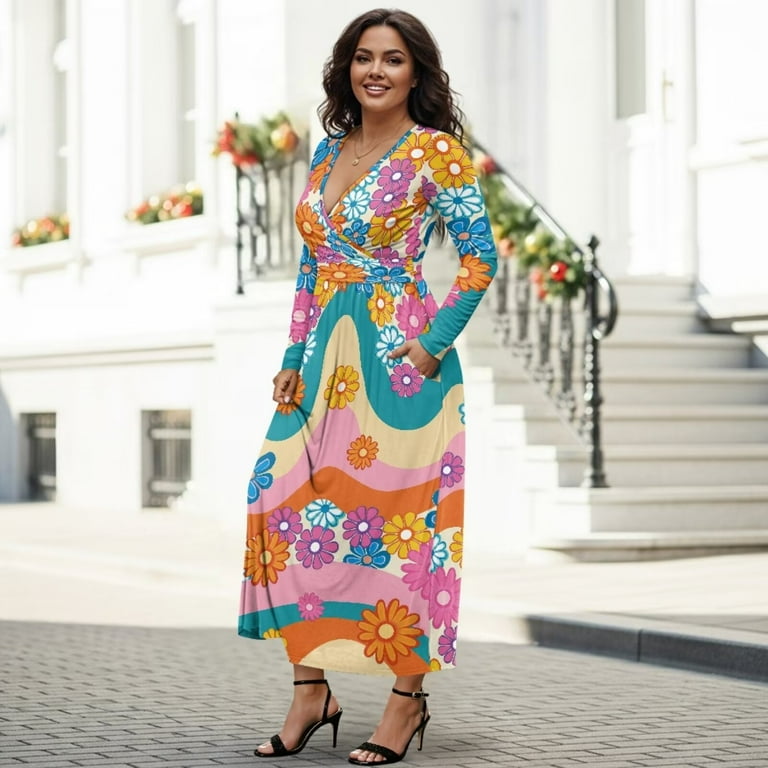 hippie style long dresses Maxi Dress Women Summer Fall Long Sleeve Embroidery Vintage Long Dress Beach Hippie Loose Vestidos Multi XS at Amazon Women's Clothing store