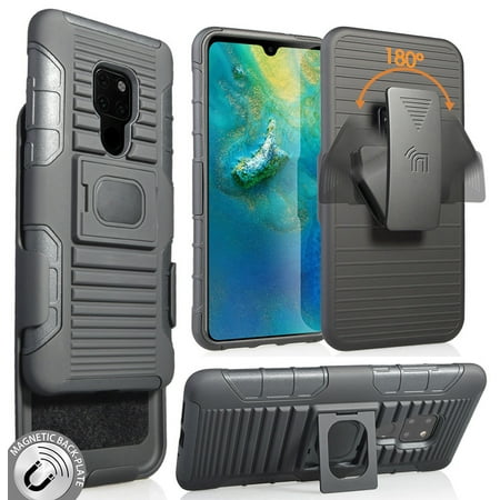 Huawei Mate 20 Case with Clip, Nakedcellphone Black Rugged Ring Grip Cover + Belt Hip Holster Stand [with Built-In Mounting Plate] for Huawei Mate 20 Phone