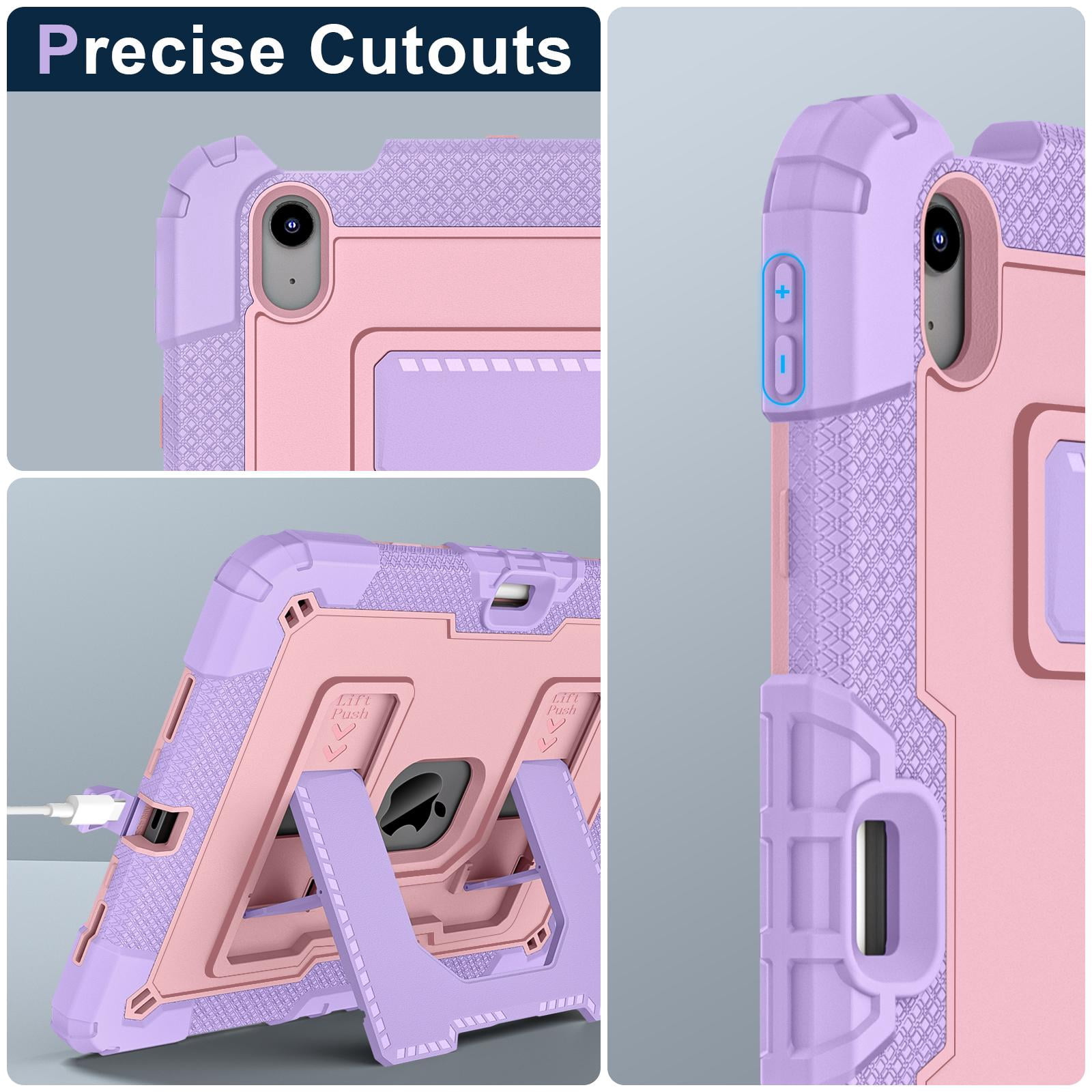 ELEHOLD 3-Layer Rugged Case For Apple iPad Air 11 (2025 / 2024) Heavy Duty Shockproof Cover, [Drop Protection], [Logo Visible], With Kickstand & Pencil Holder & Shoulder Strap, Purple+Rosegold