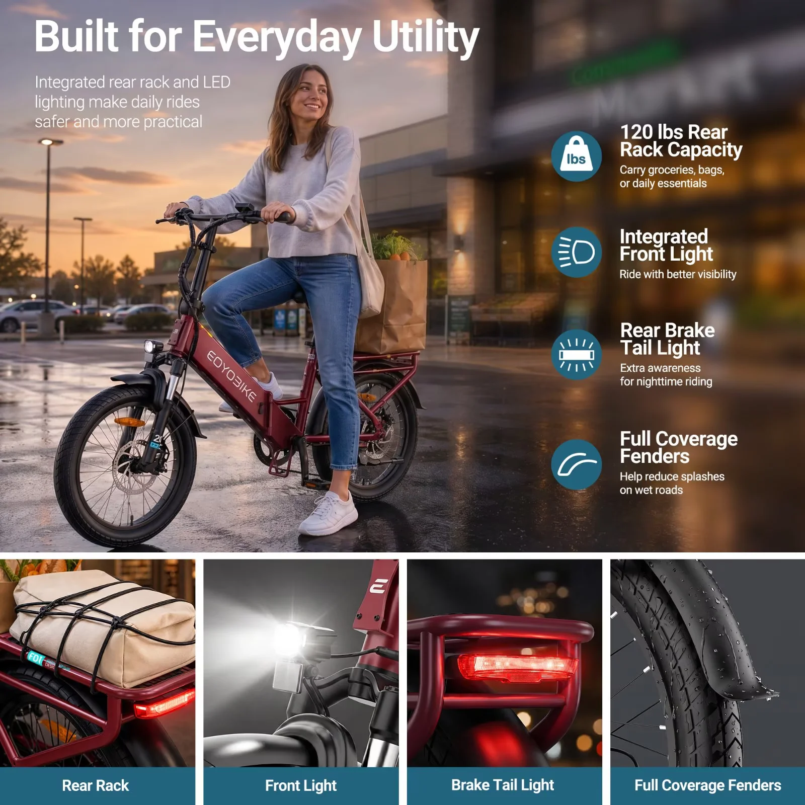 Lilypelle Folding Electric Bicycle for Adults, 20"×3.0 Fat Tire 7 Speed Step-Thru Electric Cargo Bicycle, 500Wh Built-in detachable battery, Peak 1000W Rear Motor，20MPH, Fits for 4'9" to 6'5"