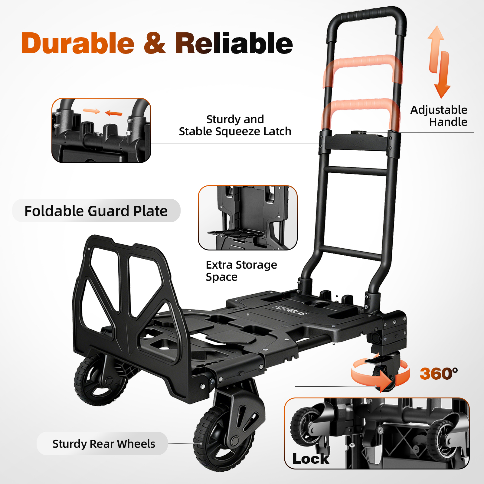 FUTURELAB 2 in 1 Folding Hand Truck, Four/Two Wheels 330LBS Capacity Foldable Cart,Convertible Dolly Cart with Retractable,Truck/Dolly for Travel, Moving, Shopping, Office