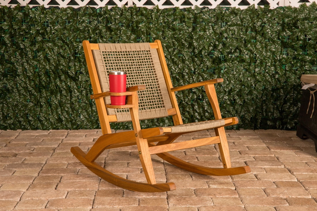 Outdoor Rocking Chair with Cup Holder, Acacia Wood Patio Rocker, Weather-Resistant Wooden Rocking Chair for Porch, Deck, Patio, and Garden, Tan Finish