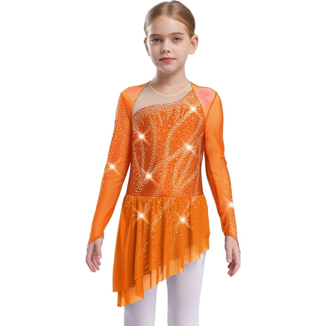 RUNQHUI Robe de Patinage Artistique à Manches Longues pour Filles, Dos Nu Brillant, Danse Lyrique Moderne, Orange 10