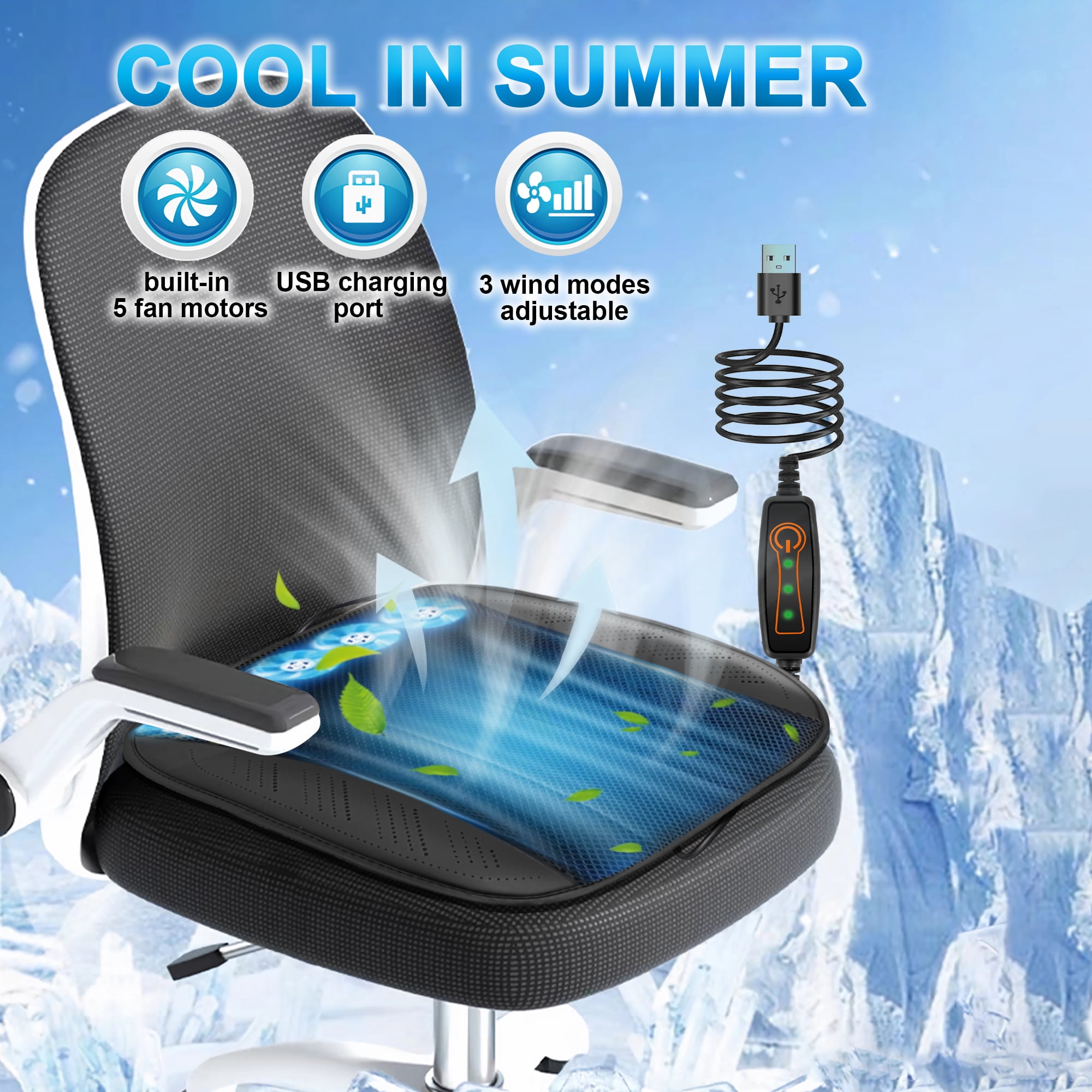 Practisol USB Cooling Seat Cushion for Office Chair Car SUV Truck Home Outdoor,  Summer Ventilated Cooling Car Seat Cover with 5 Fans, Universal Breathable Seat Cooler Pad