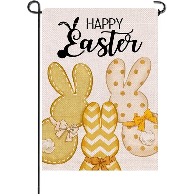 Happy Easter Bunny Small Decorative Garden Flag, Cute Yellow Rabbit Yard Lawn Outside Decor, Spring Polka Dot Burlap Outdoor Home Decoration Double Sided 12 x 18