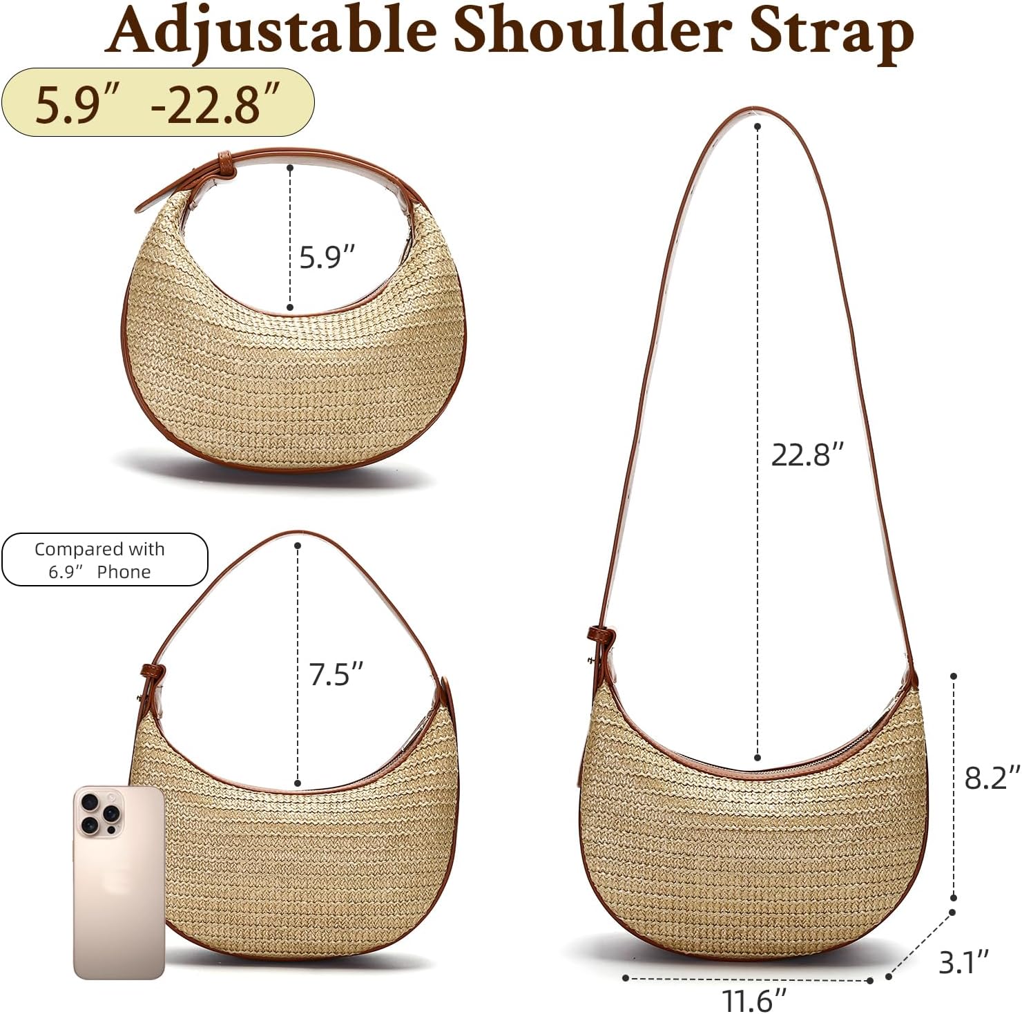 CAILDANL Straw Crossbody Bag for Women Beach Woven Hobo Handbag Summer Chic Crescent Shoulder Purses with Adjustable Strap