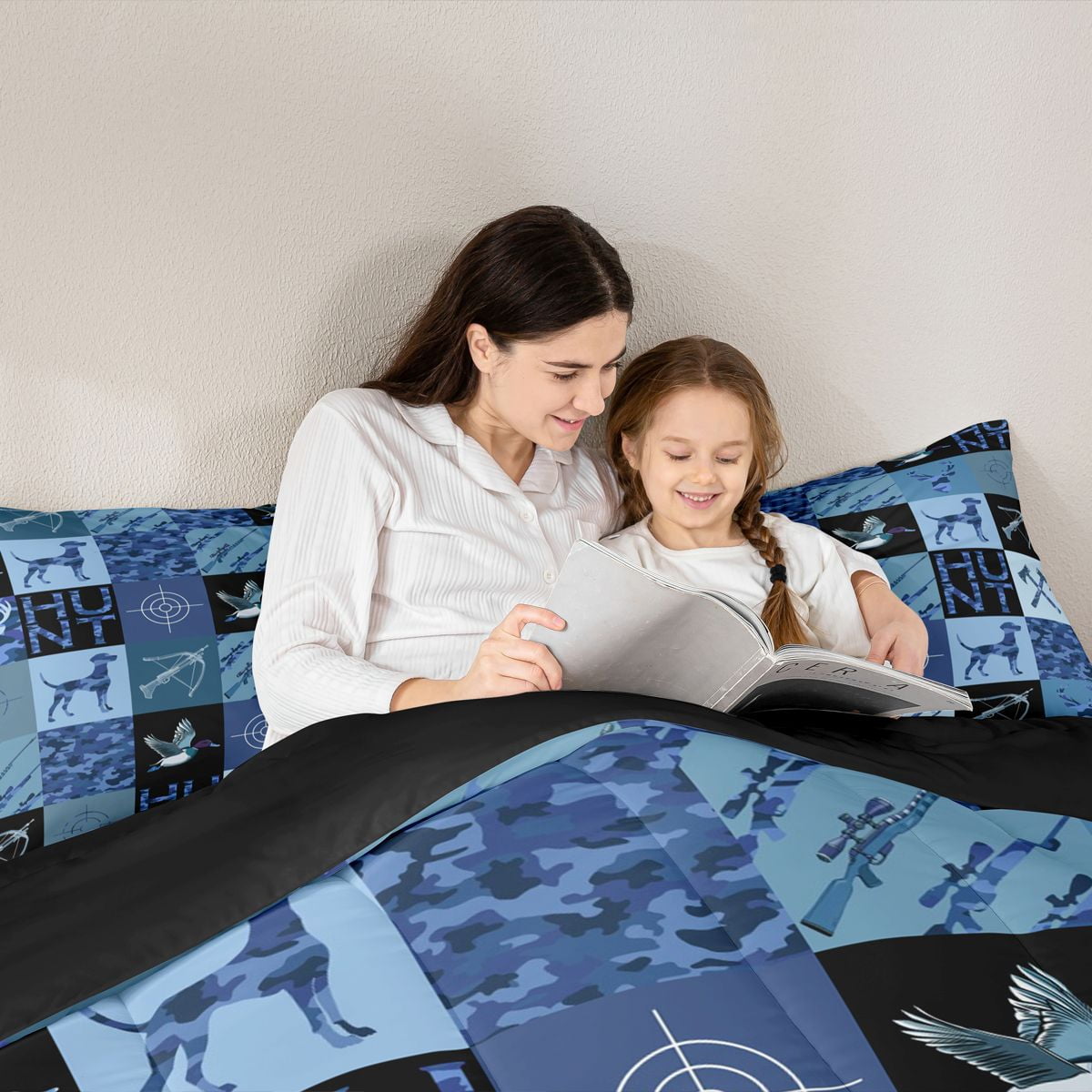 Manfei Farmhouse Dog Duck Queen Comforter Set, Hunting Wildlife Bedding Sets, Blue Rustic Camouflage Reversible Bedding Comforter Set, Lightweight Room Decor, 3-Piece