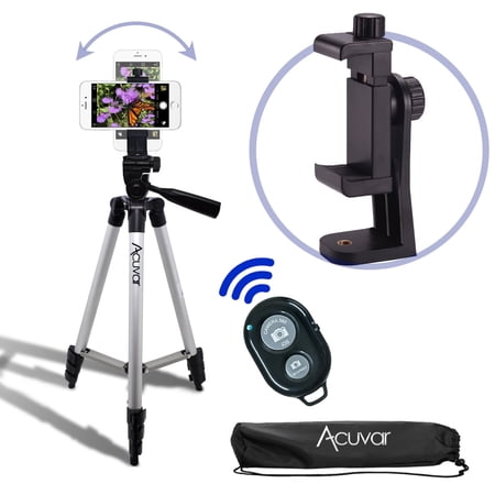 Acuvar 50 Smartphone/Camera Tripod Rotating Mount & Bluetooth Camera Shutter. Fits iPhone Xs 11 Pro Xs Max Xr X 8 8+ 7 7 Plus 6 6 Plus 5s Samsung Galaxy Android etc.