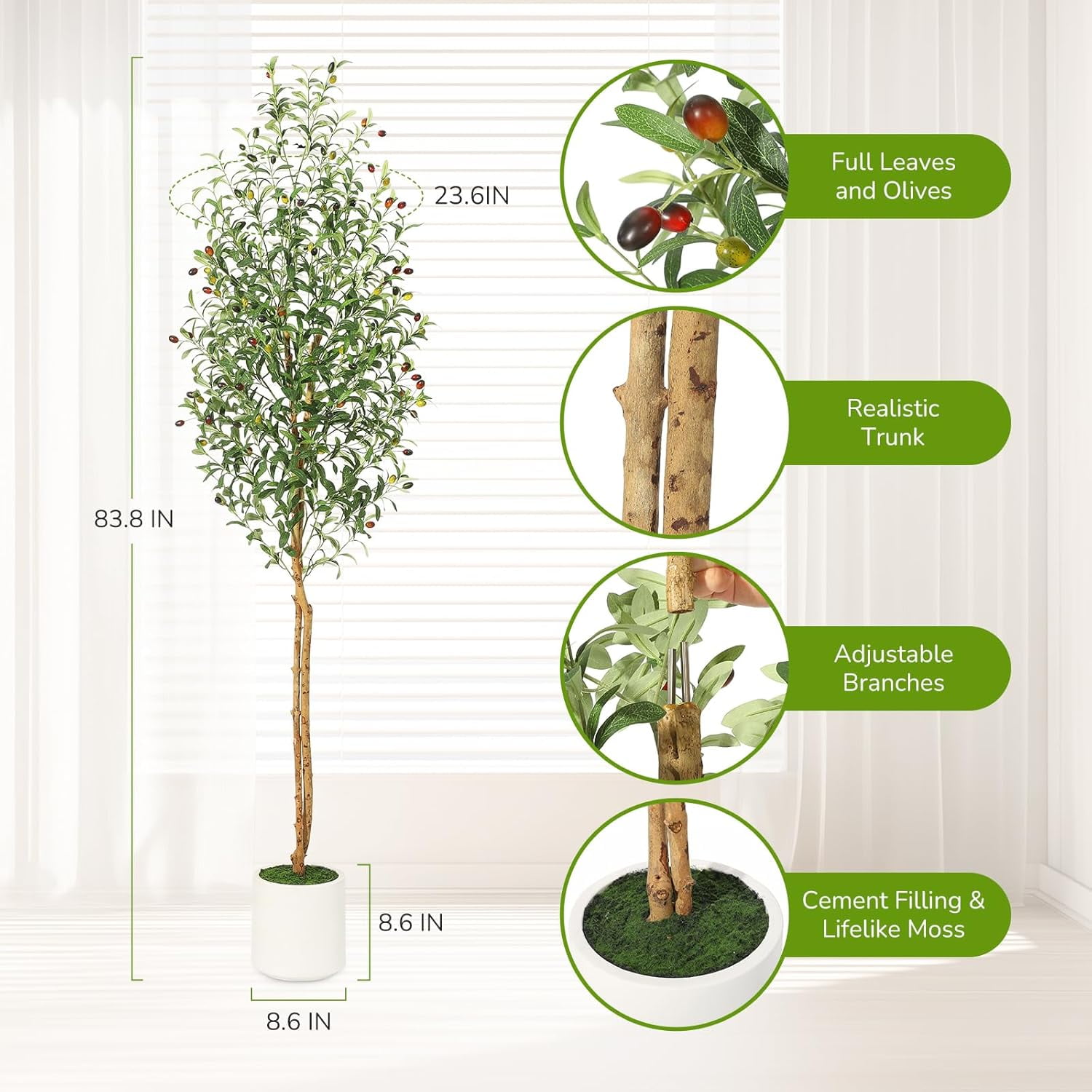 Olive Trees Artificial Indoor, 7FT Tall Faux Silk Plant White Planter, Fake Olive Trees with Natural Wood Trunk and Green Fake Moss for Home Office Decor