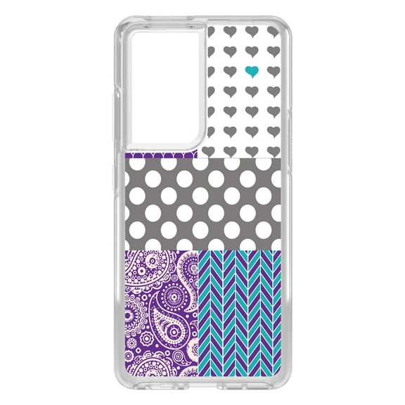 DistinctInk Clear Shockproof Hybrid Case for Galaxy S21 ULTRA 5G (6.8" Screen) - TPU Bumper, Acrylic Back, Tempered Glass Screen Protector - Purple Teal Grey Patterns