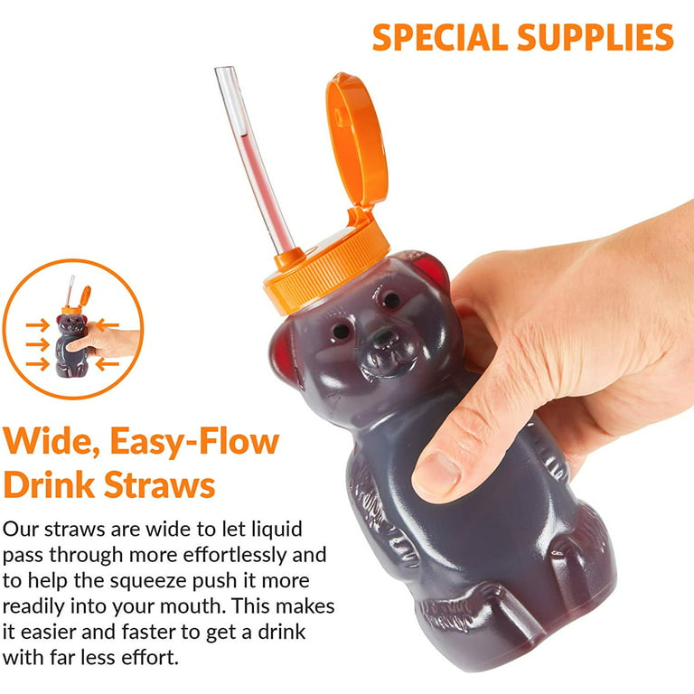 Special Supplies Juice Bear Bottle Drinking Cup with Long Straws, 3 Pack, Squeezable Therapy and Special Needs Assistive Drink Containers, Spill Proof