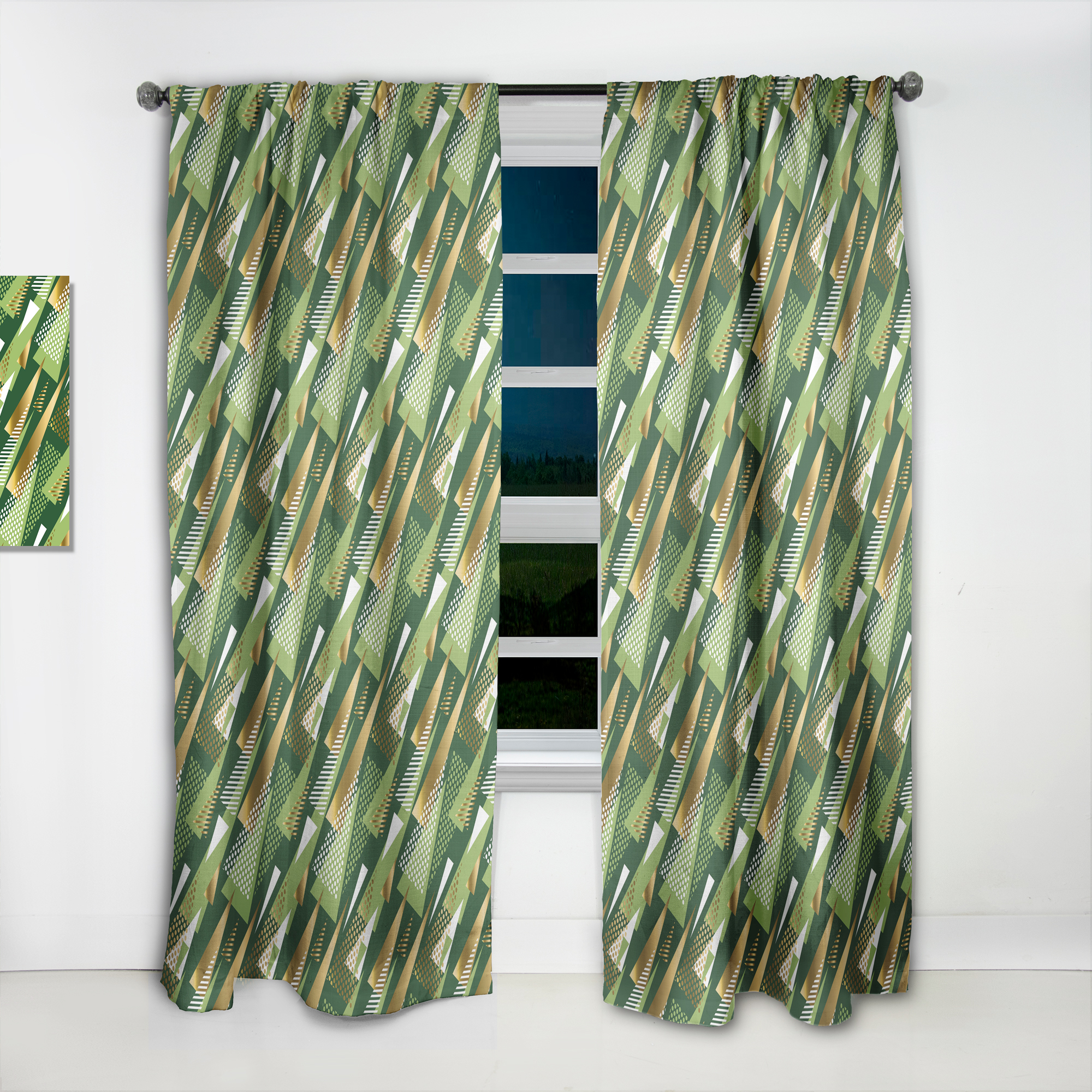 Designart 'Triangular Green and Gold Design I' Mid-Century Modern Curtain Panel