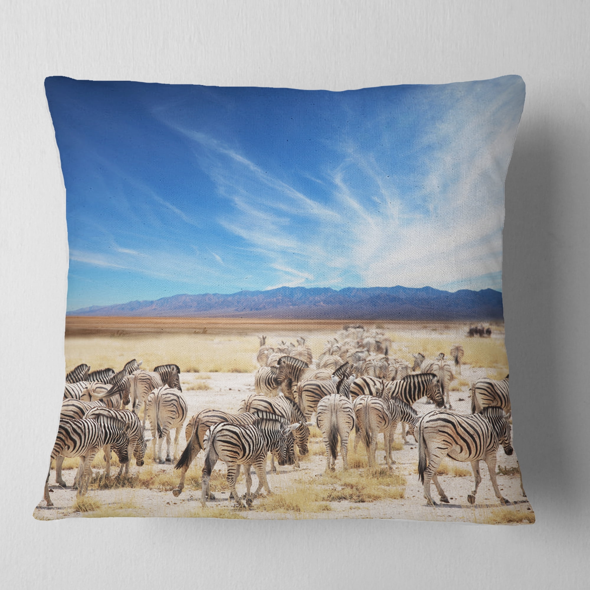 Designart Herd of Zebras under Blue Sky - African Throw Pillow - 18x18