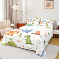 Manfei Kids Kawaii Dinosaur Egg Twin Sheet Sets, Rustic Flower Plant Twin Fitted Sheet, Cute Cartoon Flat Sheet, Lightweight Room Decor, 3-Piece