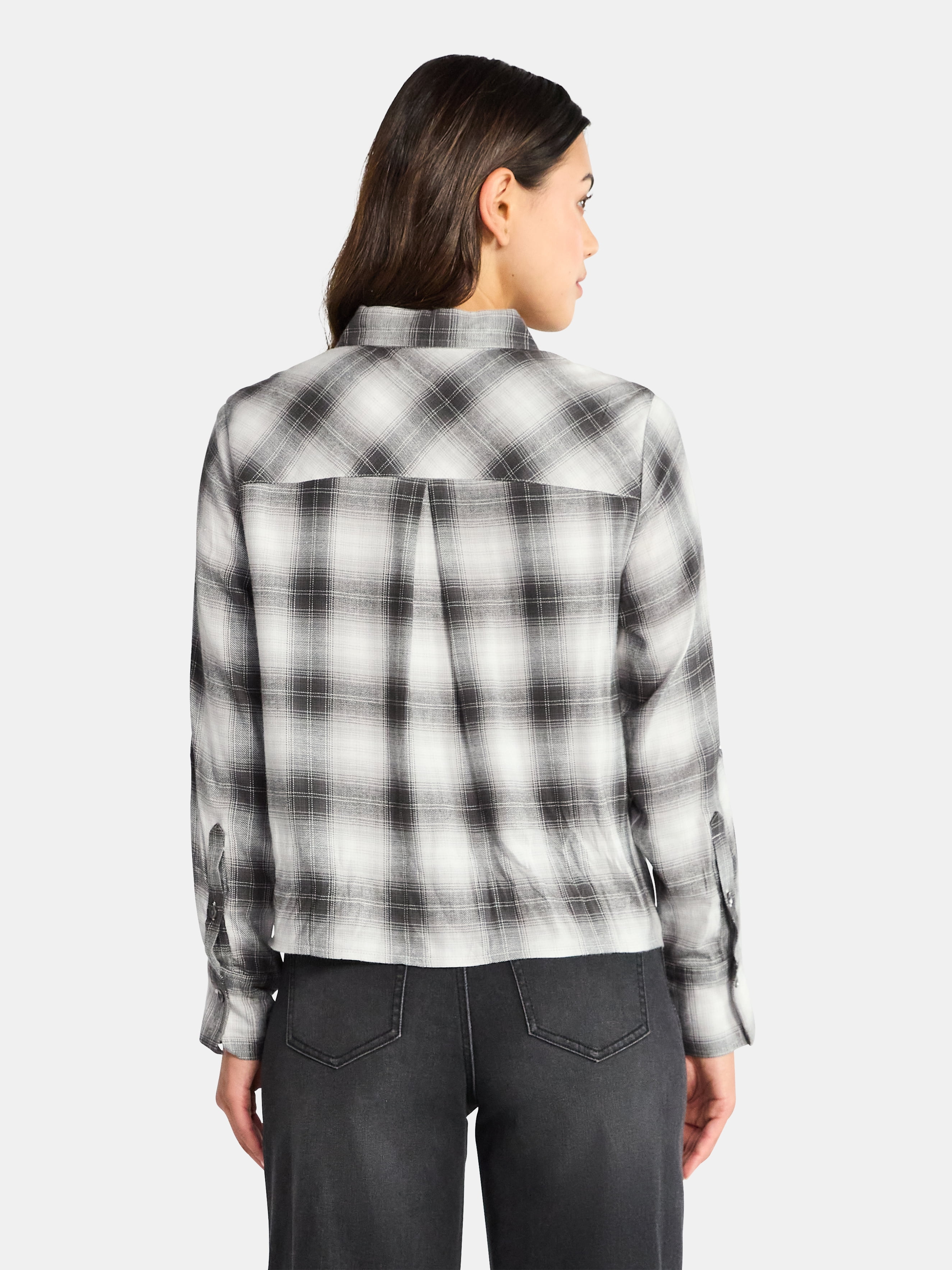Time and Tru Women's Cropped Flannel Shirt with Long Sleeves, Sizes XS-XXXL