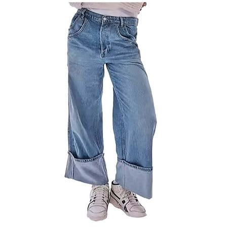 Wangmeiwg Women s Pants Women s Casual Pants Barrel Jeans for Women Mid Rise Denim Ankle Pants with Heart Print Blue S