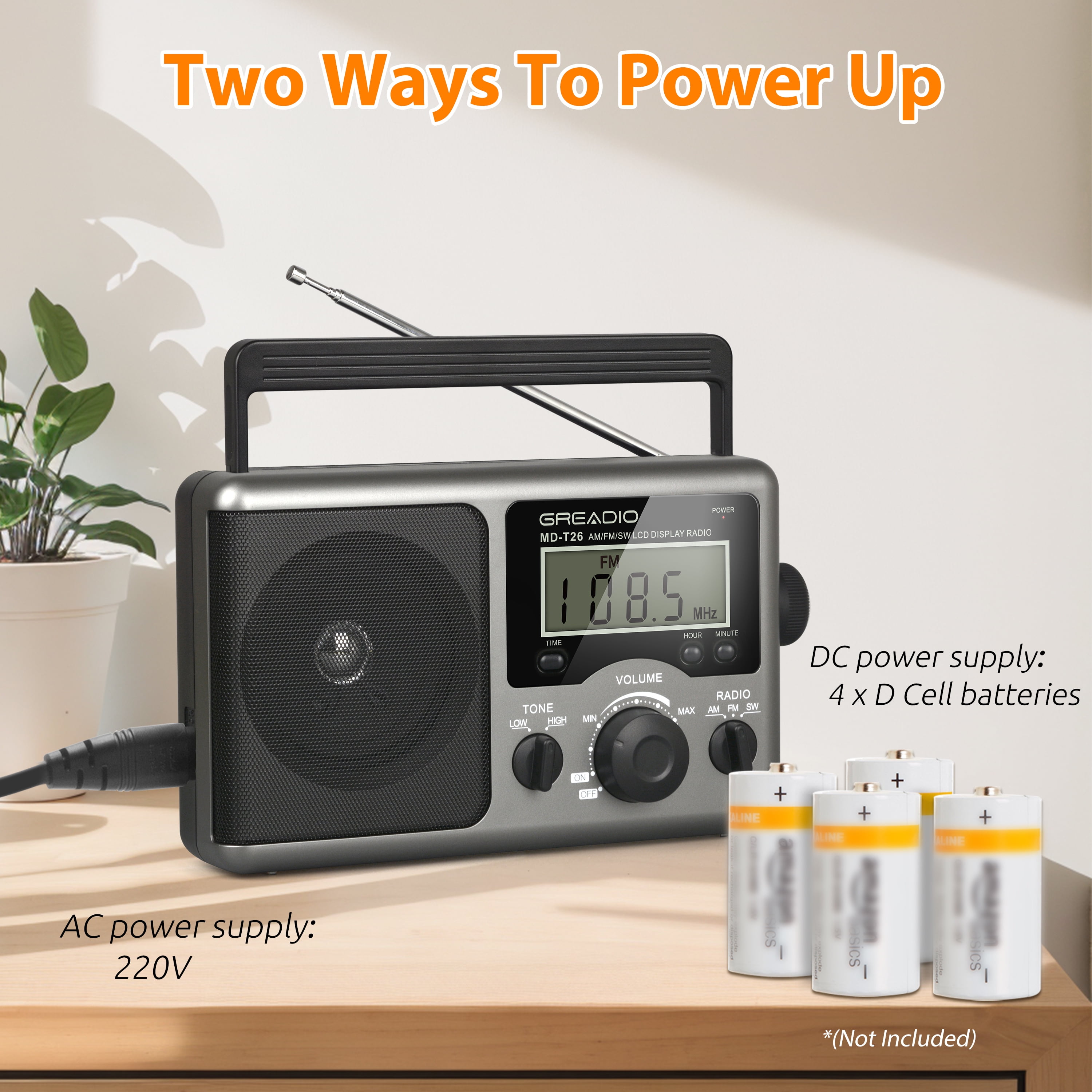 Jazmm Portable Shortwave Radio, AM FM Transistor,LCD Display,Time Setting,Battery Operated by 4 D Cell Batteries or AC Power, Big Speaker for Elder, Home