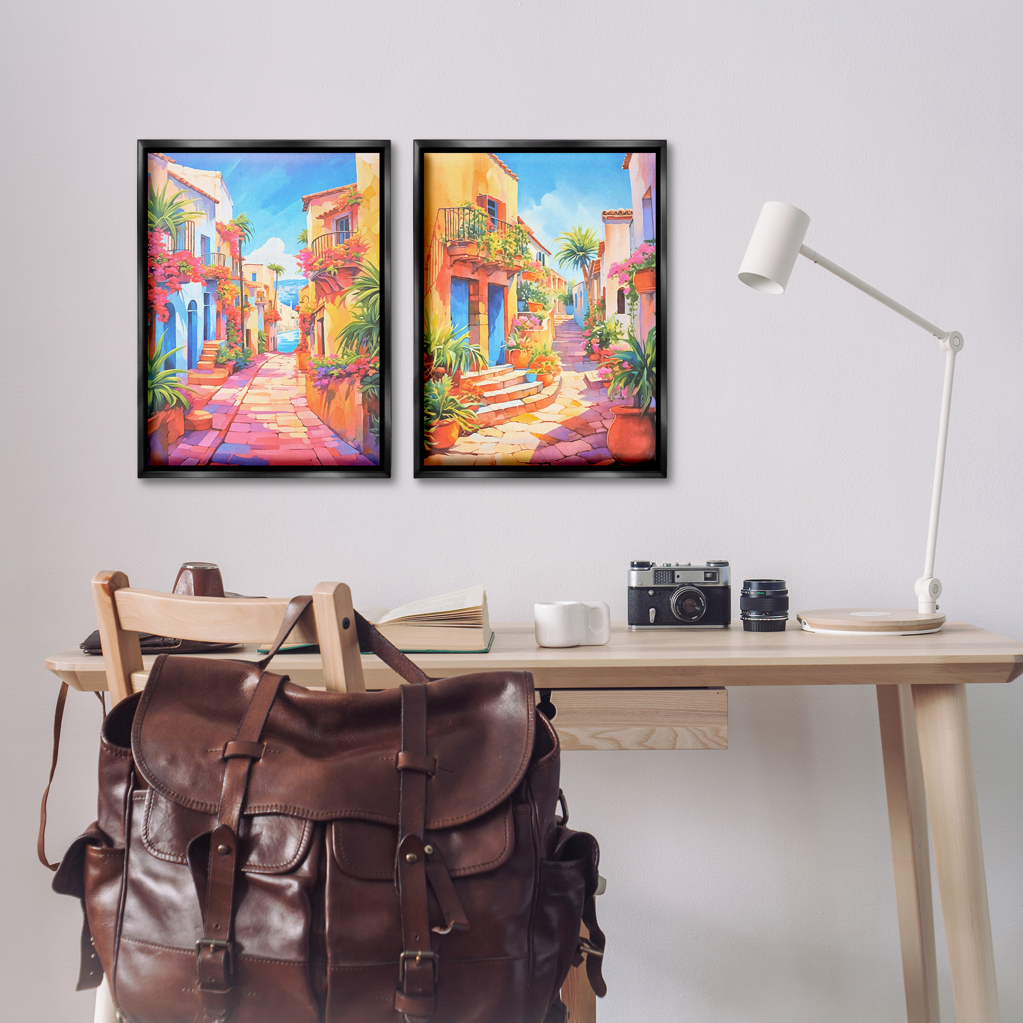 Stupell Industries Quaint Mediterranean Village Buildings & Architecture Painting Black Floater Framed Canvas Art Print Wall Art, 17 x 25, Set of 2
