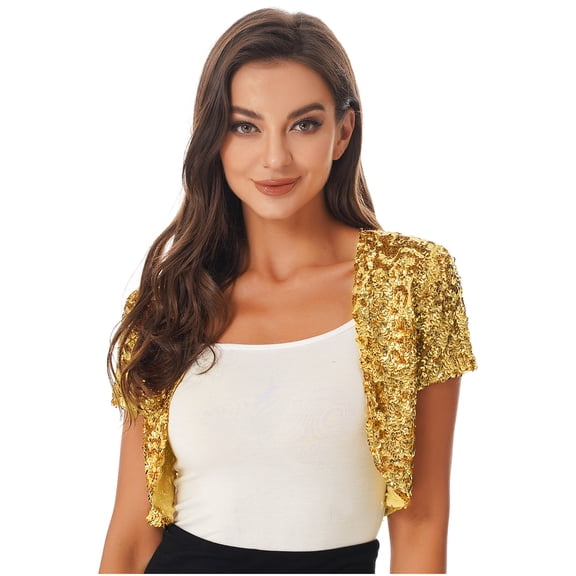 iixpin Womens Shining Sequined Cropped Length Open Front Bolero Shrug Sequin Cardigan Jacket Gold One Size