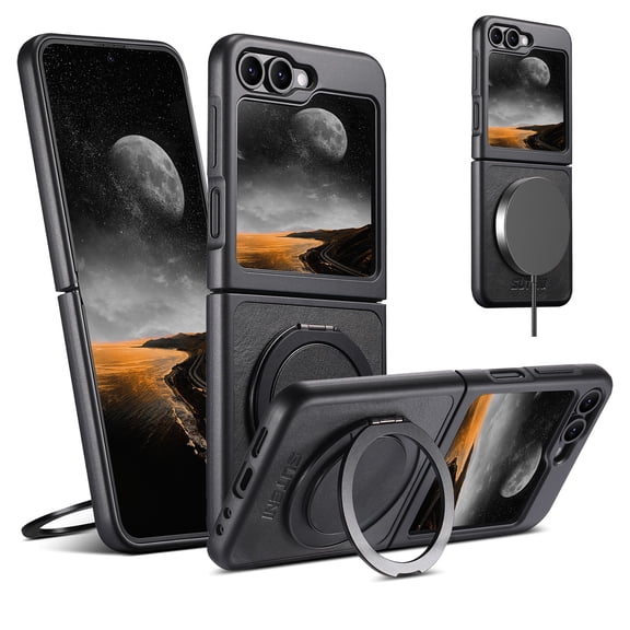ELEHOLD For Samsung Galaxy Z Flip 5 Case,Compatible with Mag Safe Accessories, Luxury PU Leather 360° Magnetic Ring Kickstand Slim Shock-Absorbent Case for Samsung Galaxy Z Flip 5,Black