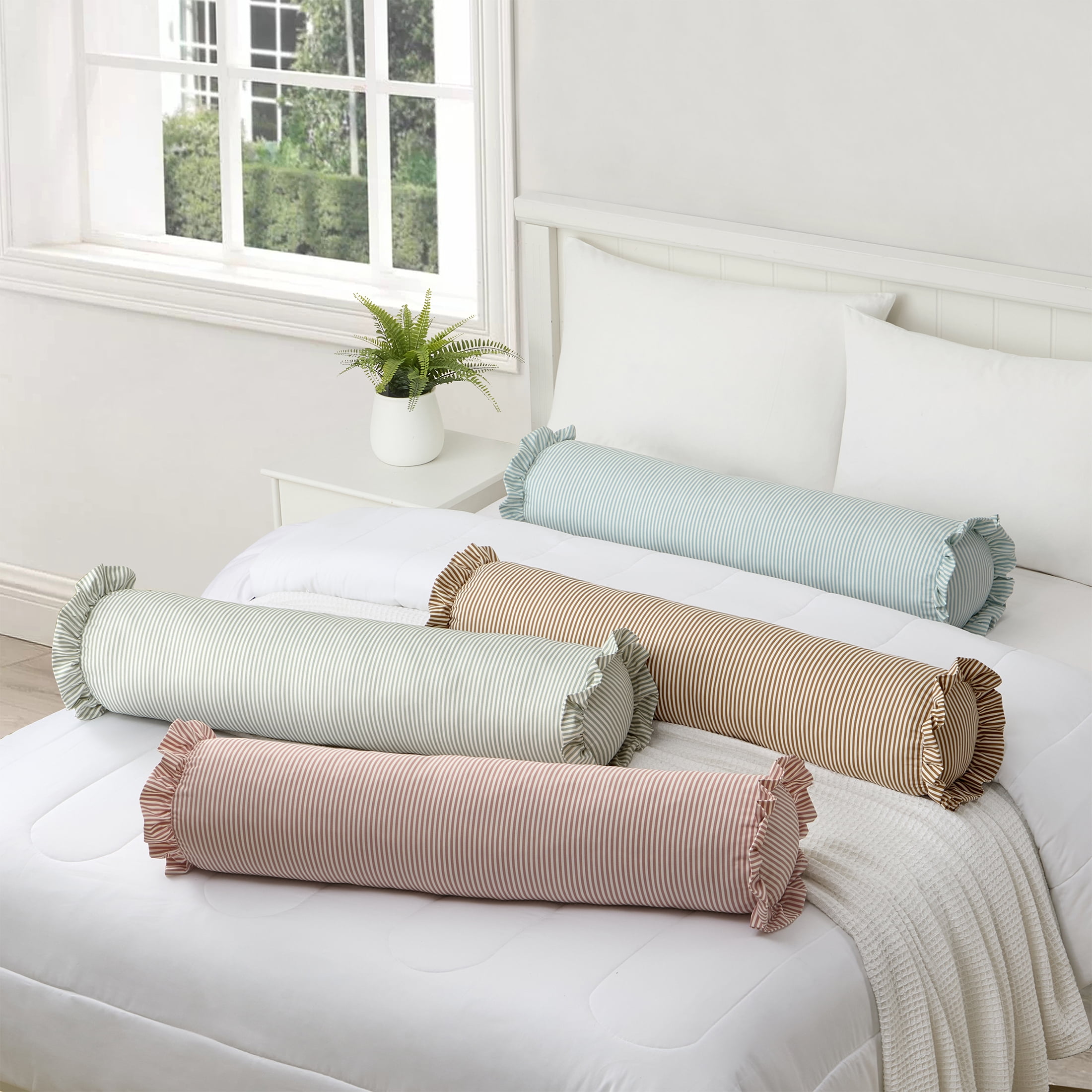 Home Decor Collection 8" x 36" Tan Striped Ruffle Bolster Decorative Pillow