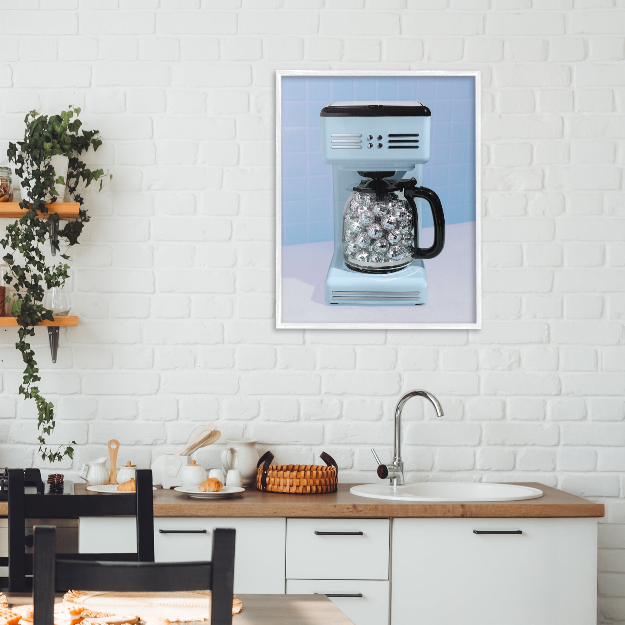 Stupell Industries Disco Coffee Maker over Blue White Framed Giclee Art, design by LISH Creative