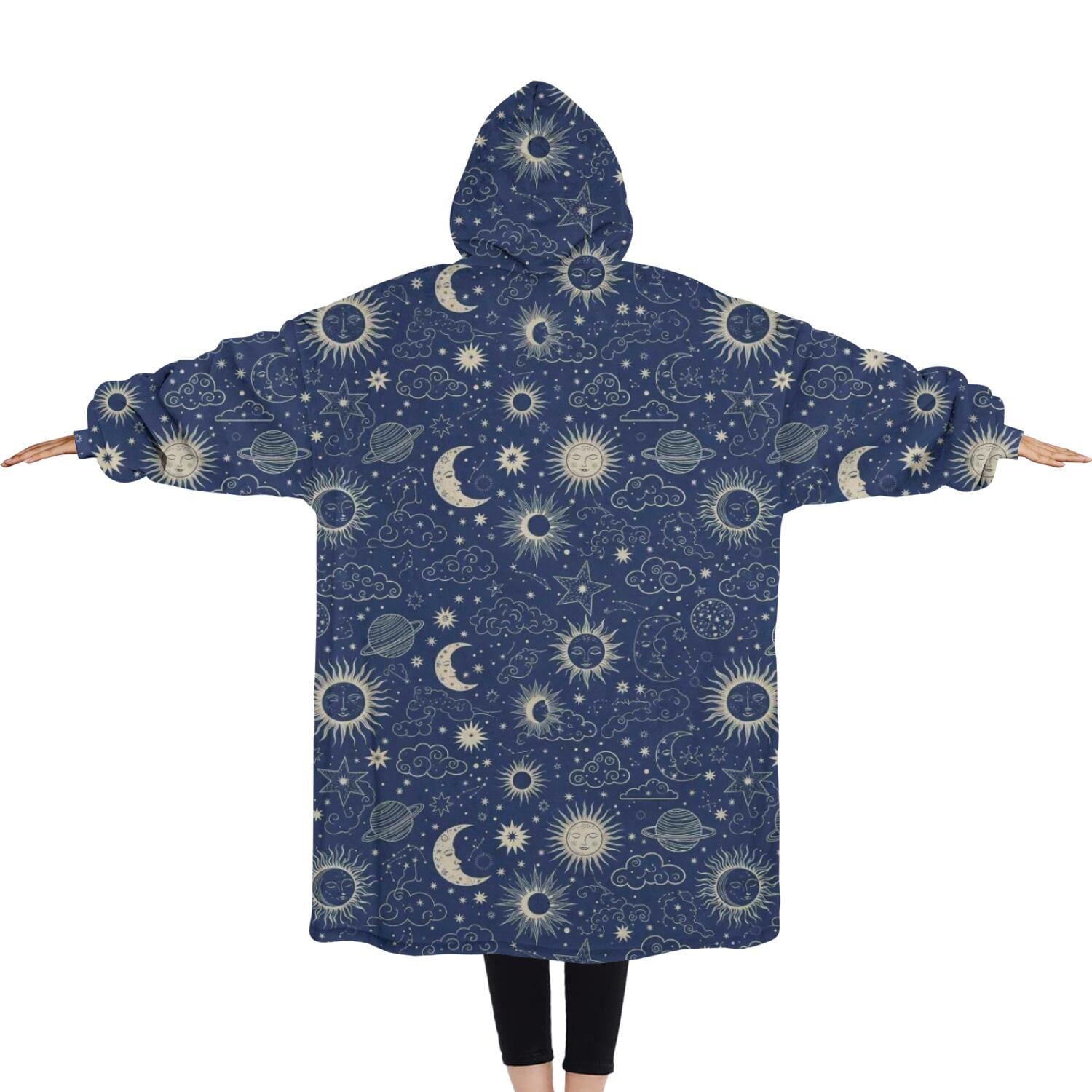 Oversized Wearable Blanket Hoodie,Dark Blue Celestial Pattern Sherpa Blanket Hoodie with Super Pockets,Super Warm Fuzzy Pullover for Women & Men