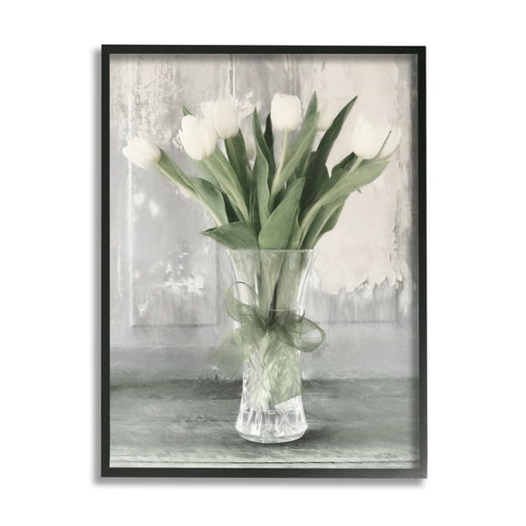 Stupell Farmhouse Distressed White Tulips Botanical & Floral Painting Black Framed Art Print Wall Art
