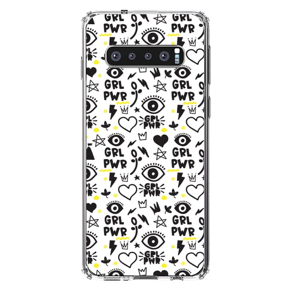 DistinctInk Clear Shockproof Hybrid Case for Samsung Galaxy S10 (6.1" Screen) - TPU Bumper, Acrylic Back, Tempered Glass Screen Protector - Girl Power - GRL PWR - Yellow Black