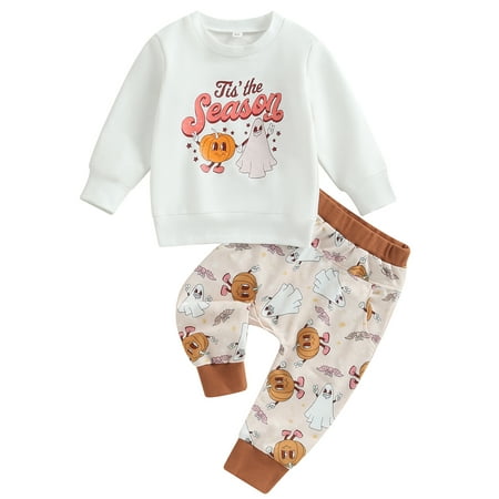 

Kids Baby Girls Boys Fall Outfits Pumpkin Ghost Print Long Sleeve Sweatshirts and Pants 2Pcs Halloween Clothes Suit