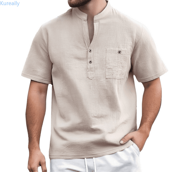 Kureaily European And Solid Color Button Open Neck Pocket Men's Casual Loose Comfortable Trendy Stand Up Collar Business Short Sleeved T Shirt Cotton Tee Shirt Top