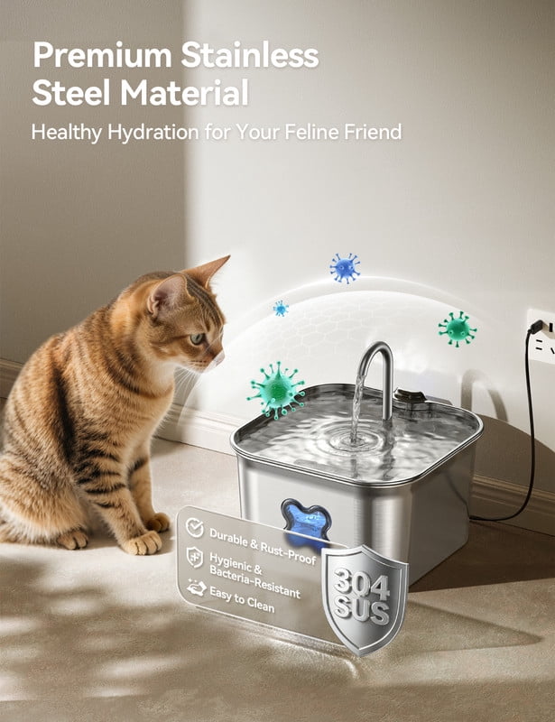 FeelNeedy Cat Water Fountain, 2.8L/95oz Stainless Steel Cat Fountain with Filter, Ultra-quiet Automatic Pet Water Dispenser for Cats Indoor