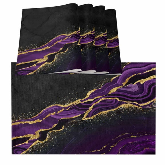 Marble Black Placemats for Dinning Table Set of 4, Purple Gold Art Abstract Vintage Farmhouse Burlap Kitchen Place Mats Waterproof Cloth Table Mats, Indoor Outdoor Placemats Easy Clean Dinner Decor