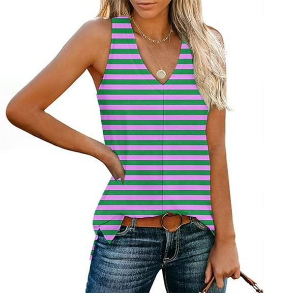 Aueoeo Women's Sleeveless Top Strip Loose Fits Tank Top Low V Neck T Shirts Casual Summer Tunic Top Bottom Hem Split Vests