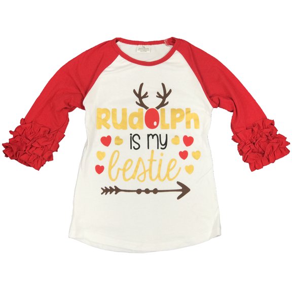 Toddler Girls Rudolph Bestie Christmas Ruffle Party Holiday Raglan Top T-Shirt Tee Red 2T XS (P317389P)